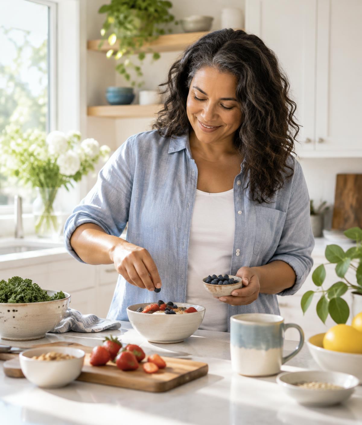 An adult preparing a balanced breakfast at home